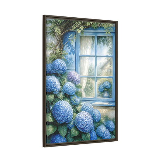 Main Mockup. Hydrangea Window Garden shown as framed canvas print