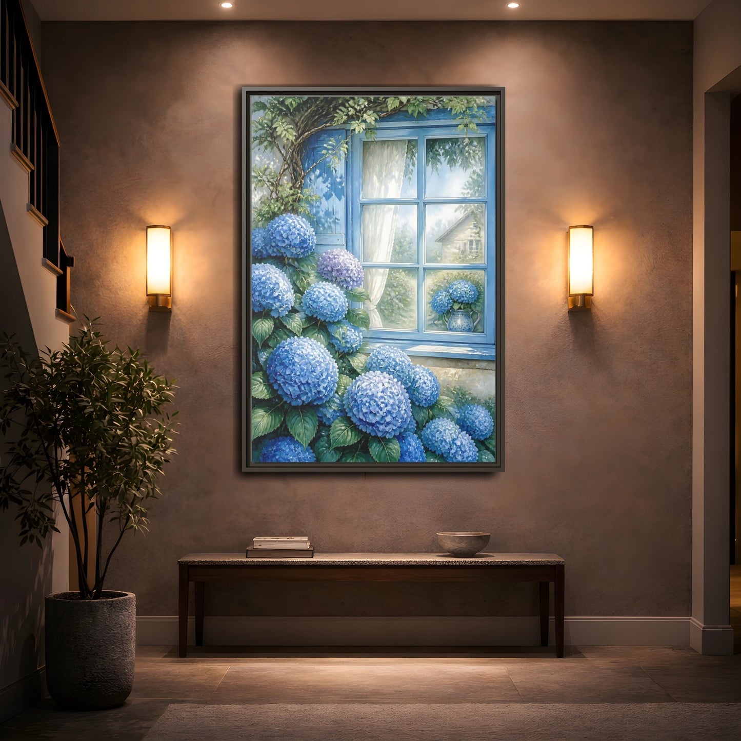 Mockup 2. Hydrangea Window Garden shown as framed canvas print