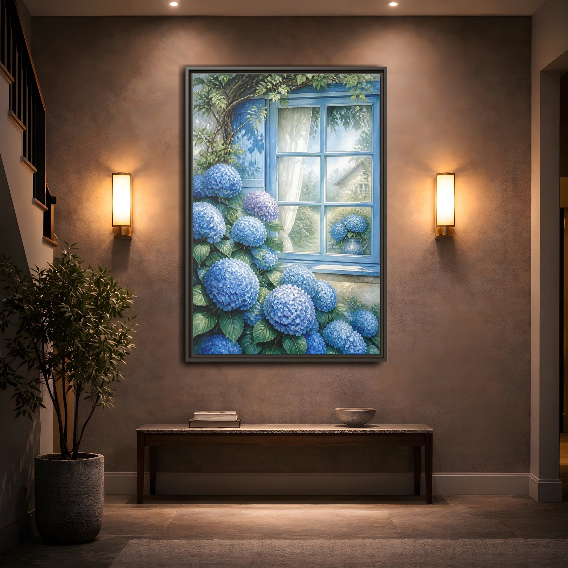 Mockup 2. Hydrangea Window Garden shown as framed canvas print