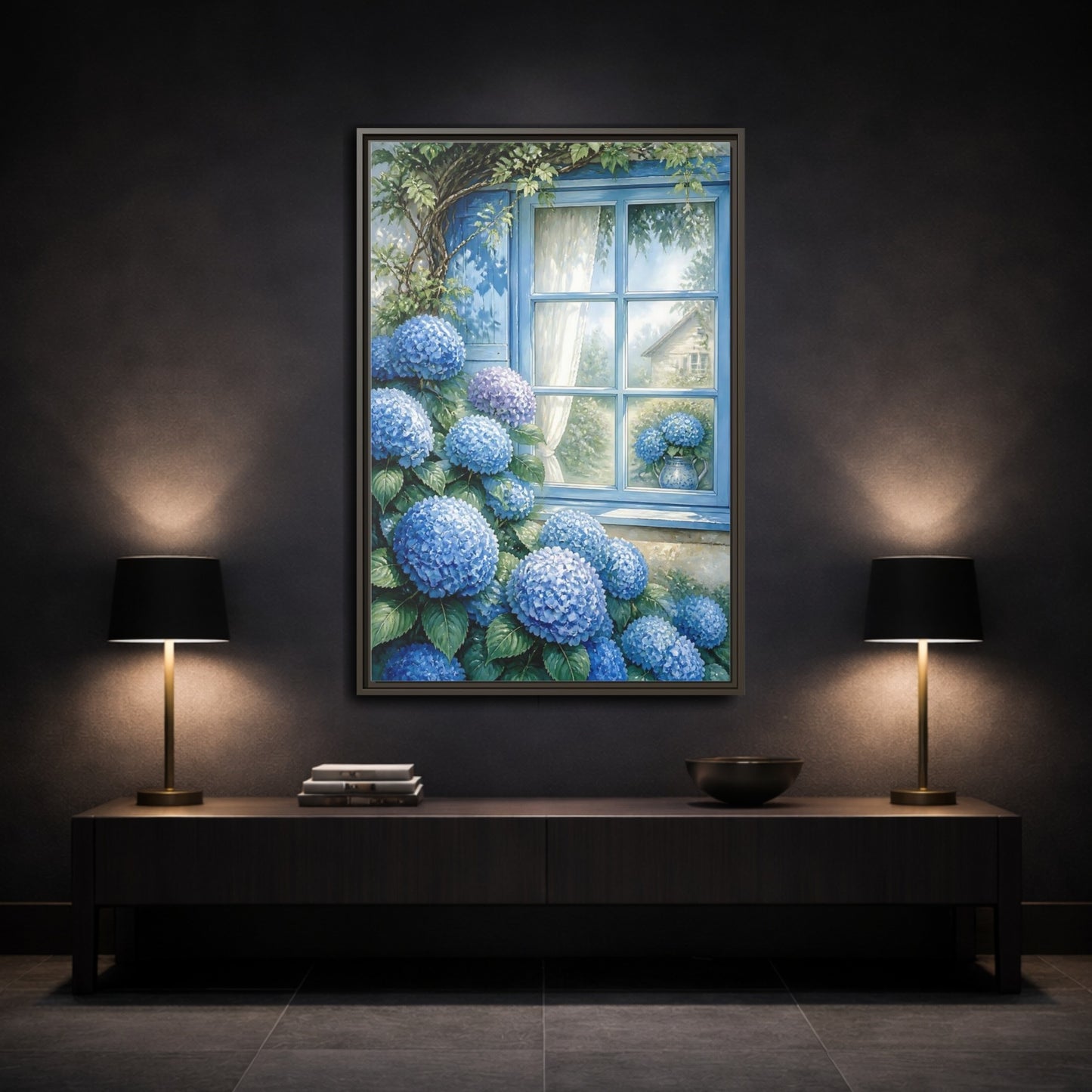 Mockup 3. Hydrangea Window Garden shown as framed canvas print