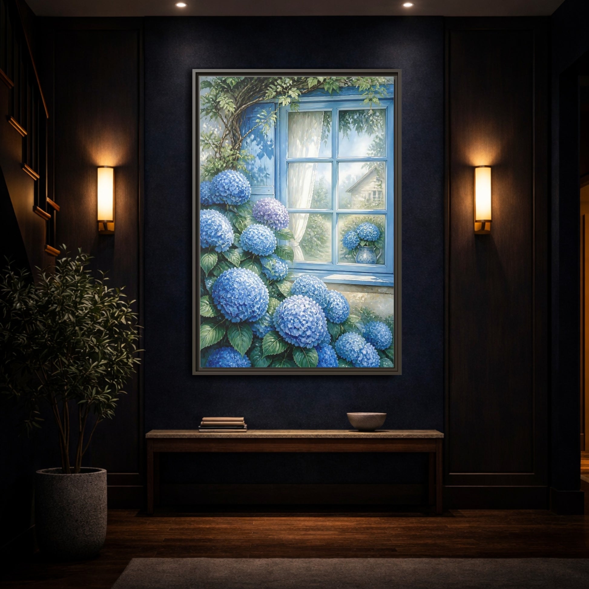 Mockup 4. Hydrangea Window Garden shown as framed canvas print