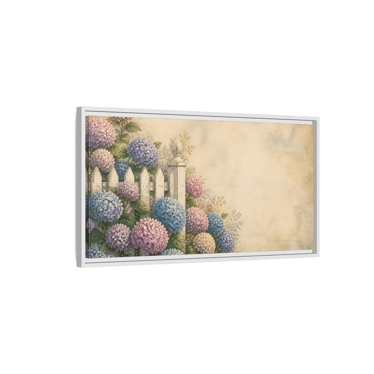 Side Mockup 1. Hydrangeas By White Fence shown as framed canvas print
