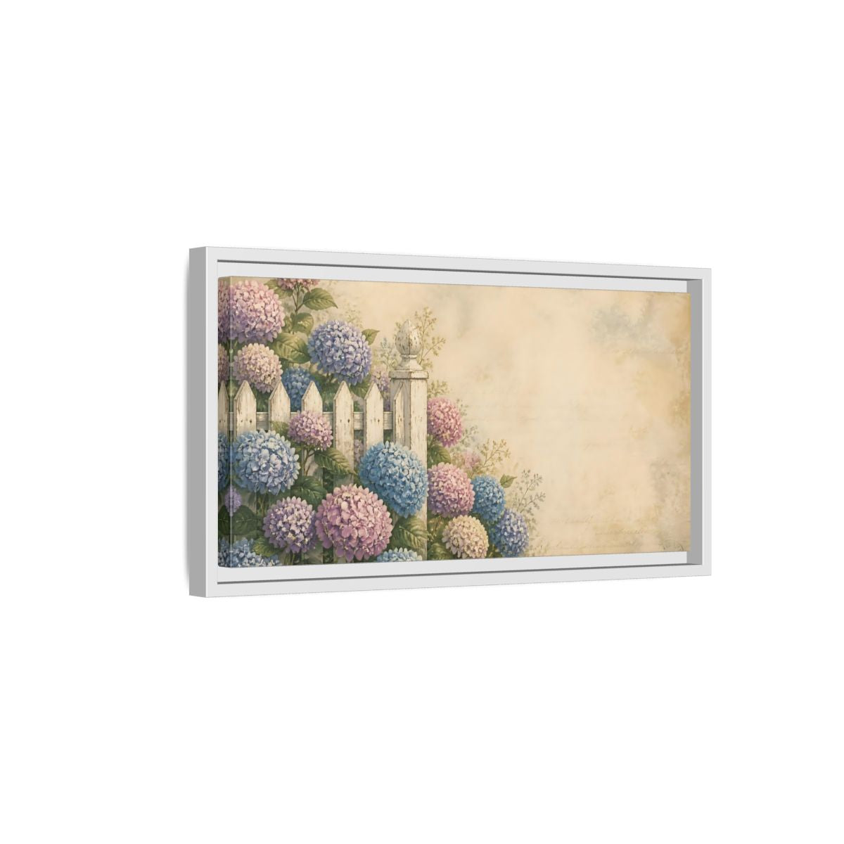 Side Mockup 6. Hydrangeas By White Fence shown as framed canvas print