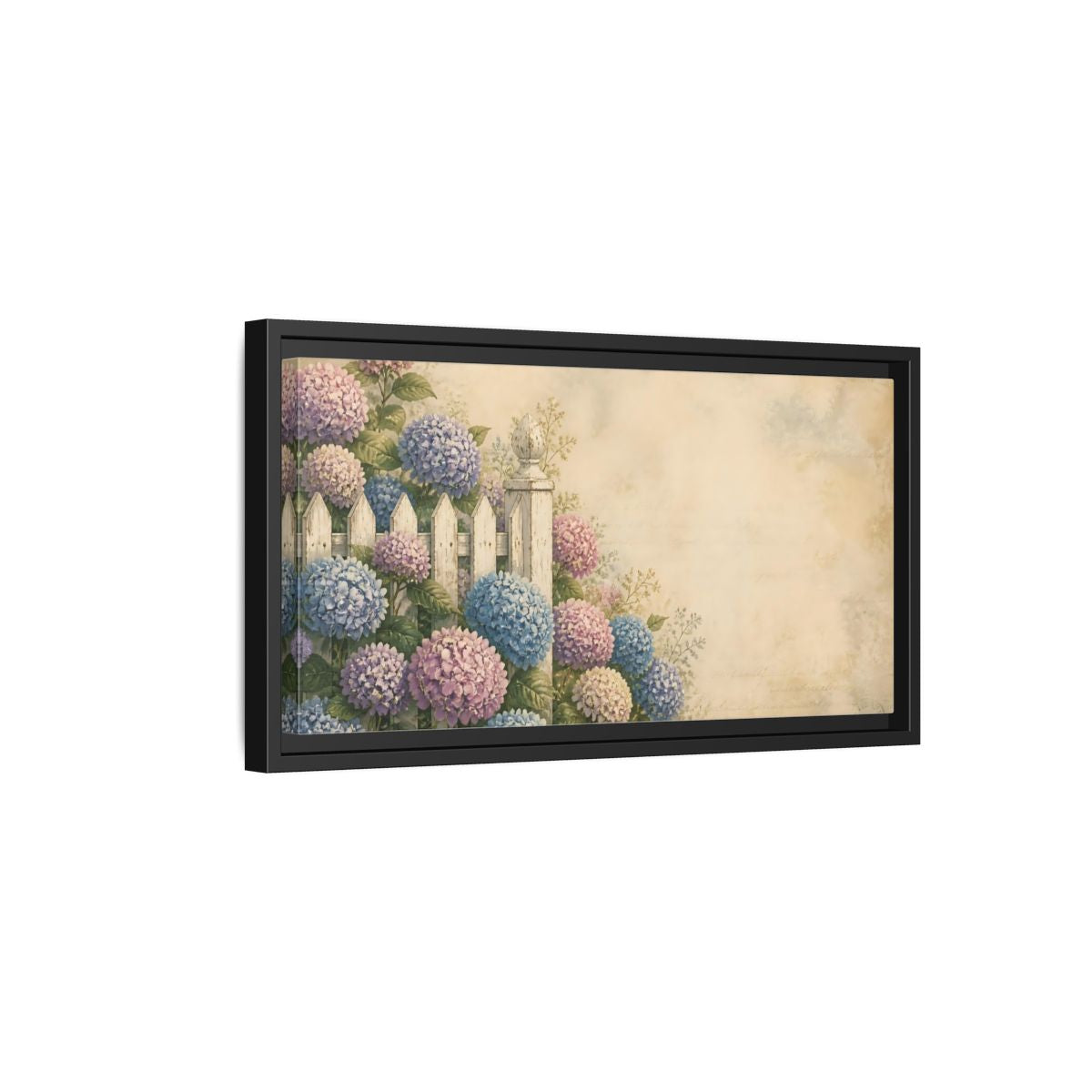 Side Mockup 8. Hydrangeas By White Fence shown as framed canvas print