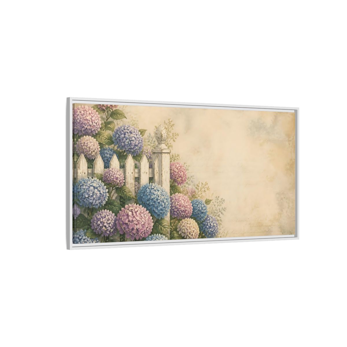 Side Mockup 3. Hydrangeas By White Fence shown as framed canvas print