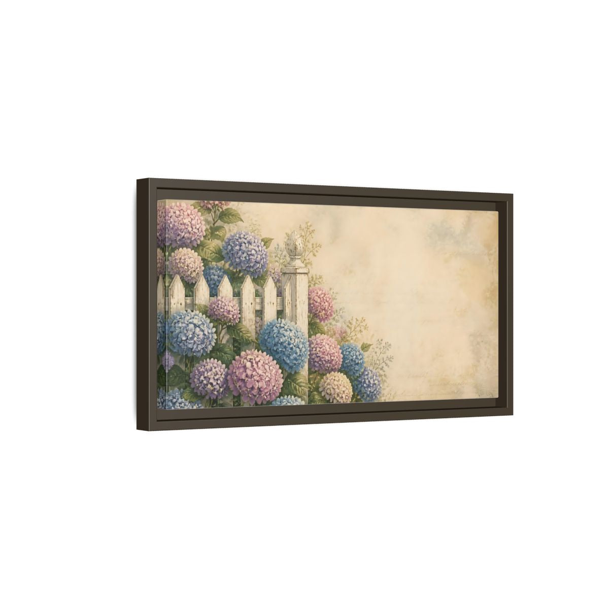 Side Mockup 7. Hydrangeas By White Fence shown as framed canvas print