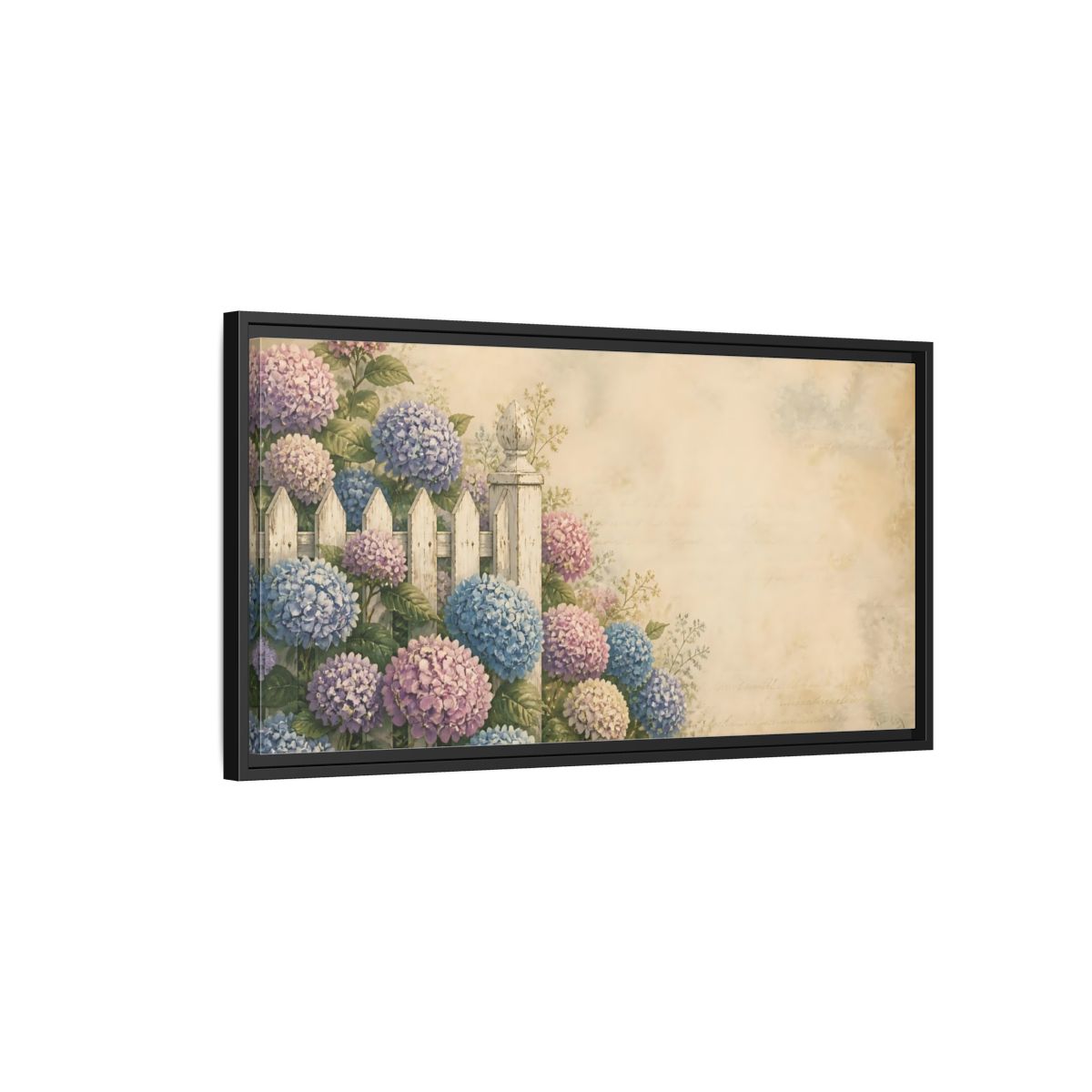 Side Mockup 2. Hydrangeas By White Fence shown as framed canvas print
