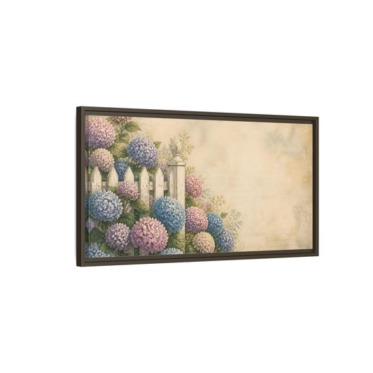 Main Mockup. Hydrangeas By White Fence shown as framed canvas print