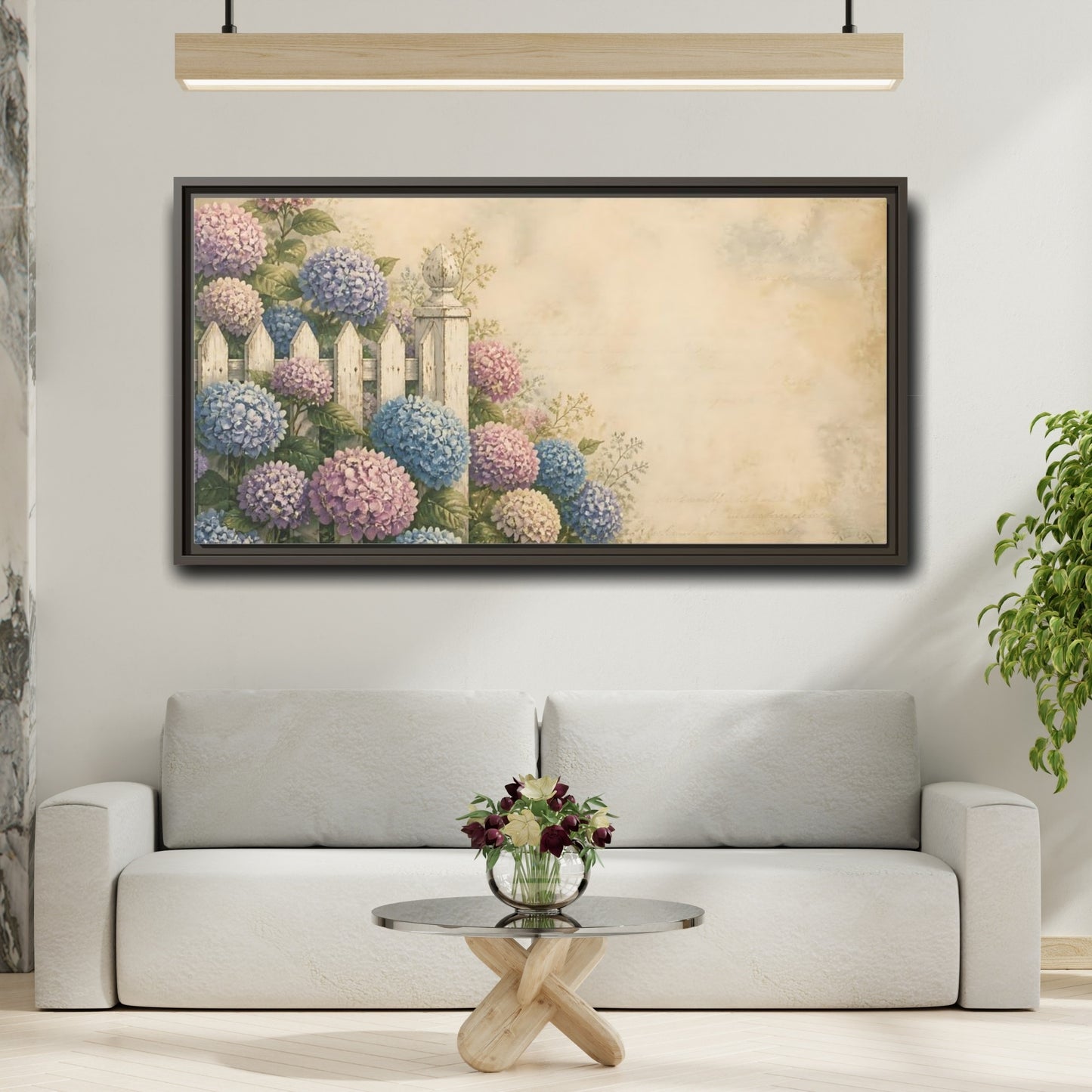 Mockup 2. Hydrangeas By White Fence shown as framed canvas print