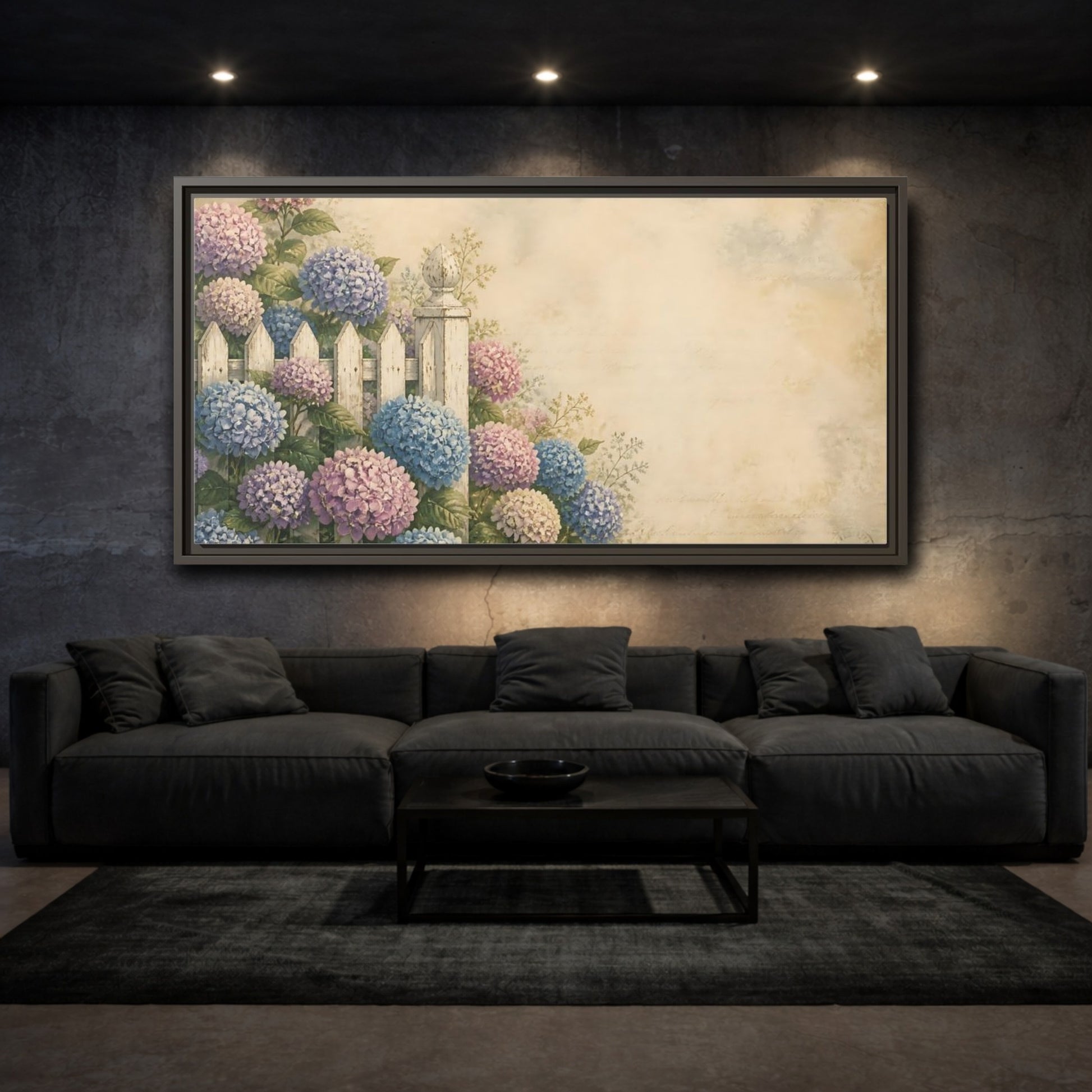 Mockup 3. Hydrangeas By White Fence shown as framed canvas print