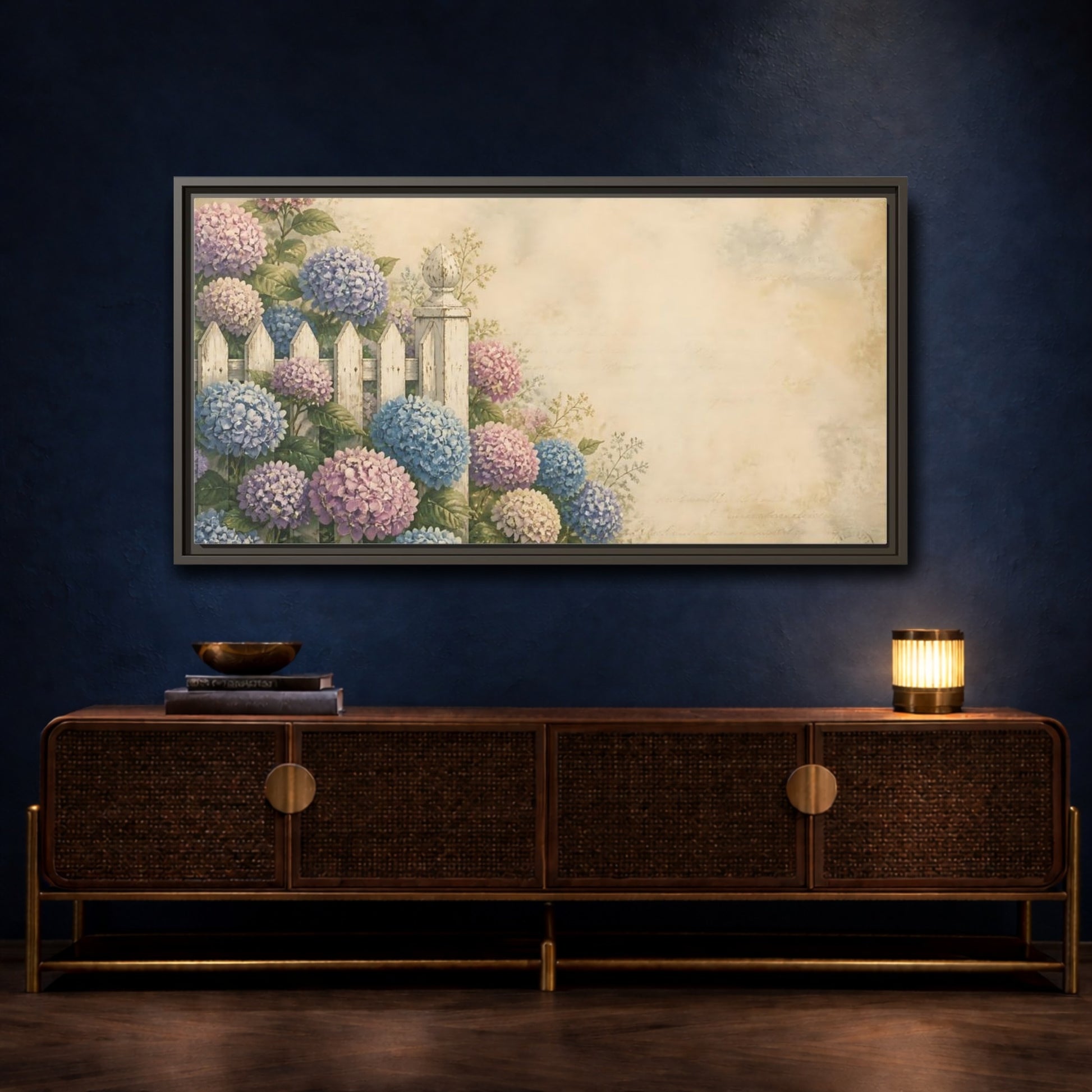Mockup 4. Hydrangeas By White Fence shown as framed canvas print
