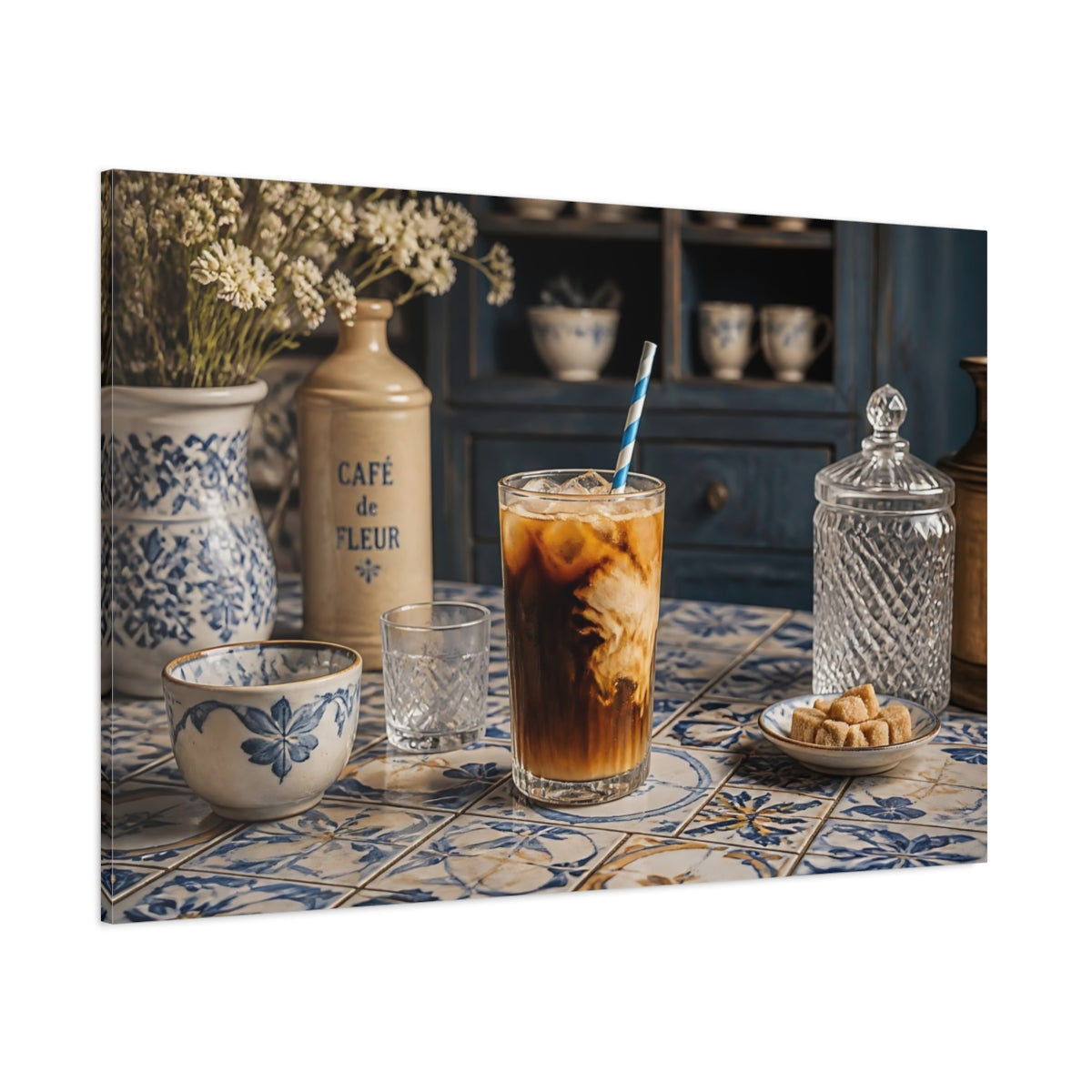 Side Mockup 1. Iced Coffee On Blue Tiles shown as canvas print