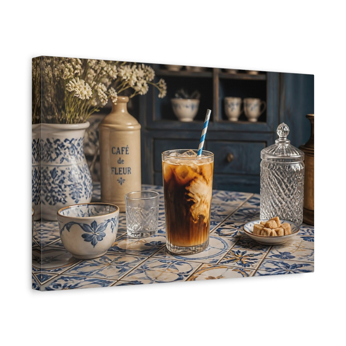 Side Mockup 4. Iced Coffee On Blue Tiles shown as canvas print