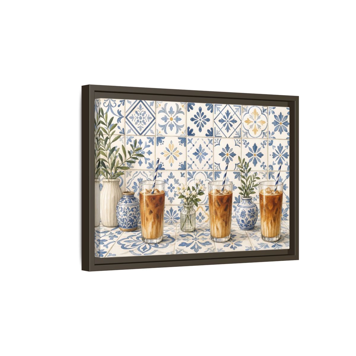 Side Mockup 5. Iced Coffee On Blue Tiles shown as framed canvas print
