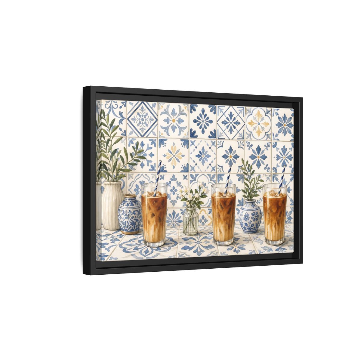 Side Mockup 6. Iced Coffee On Blue Tiles shown as framed canvas print