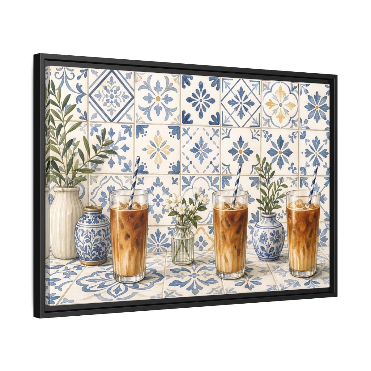 Side Mockup 14. Iced Coffee On Blue Tiles shown as framed canvas print