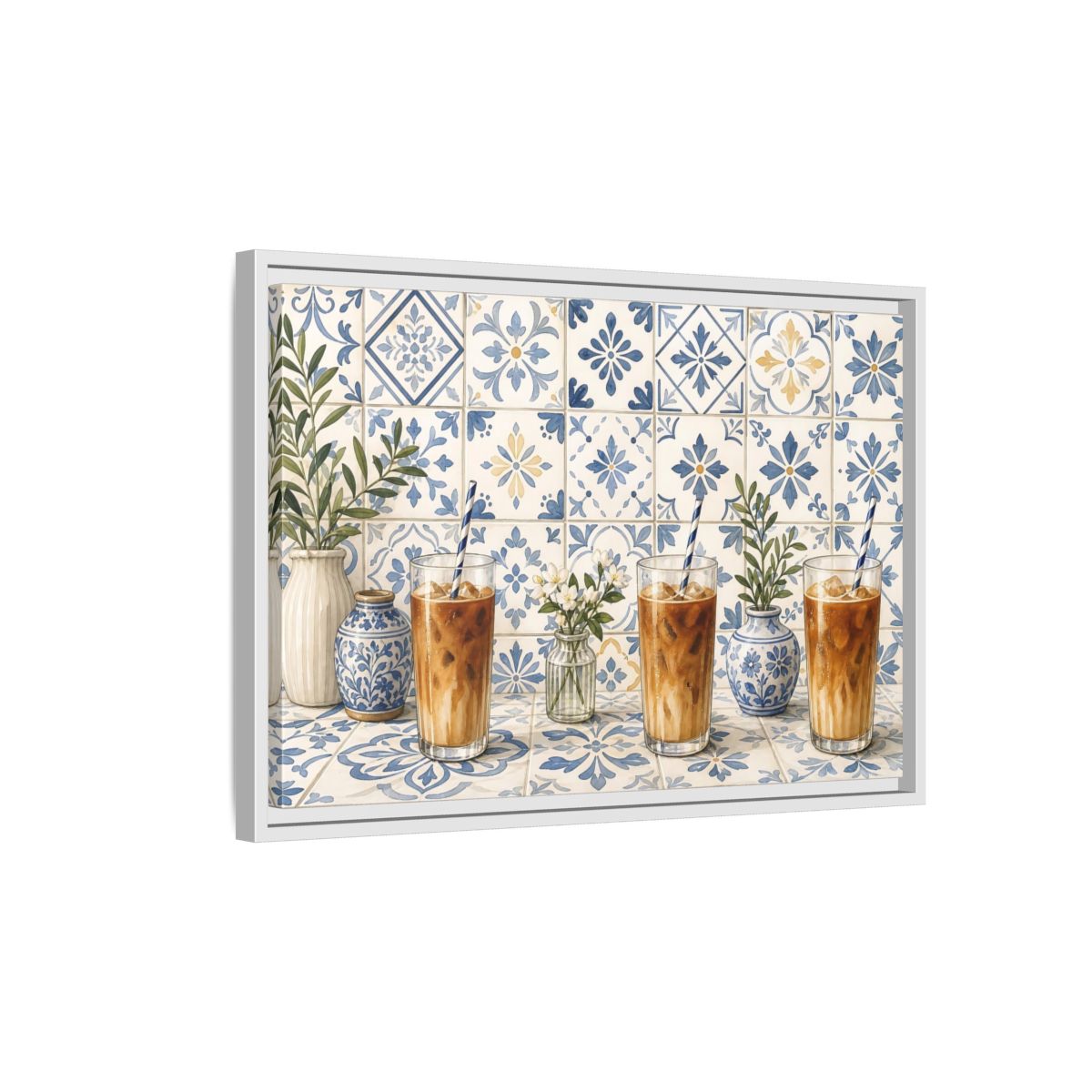 Side Mockup 1. Iced Coffee On Blue Tiles shown as framed canvas print