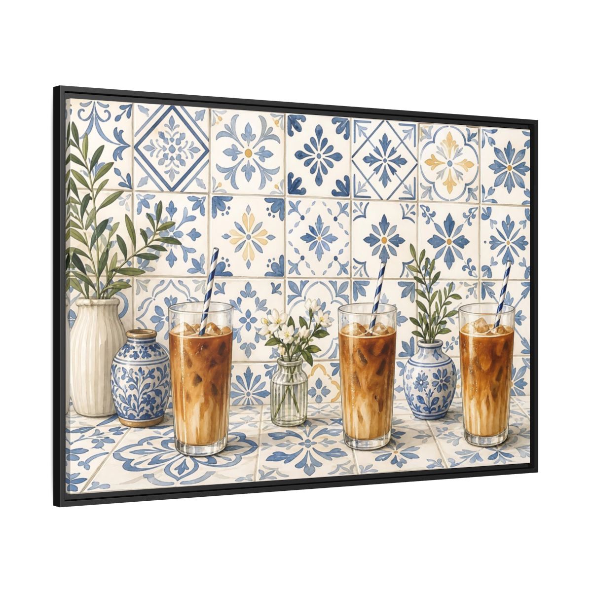 Side Mockup 12. Iced Coffee On Blue Tiles shown as framed canvas print