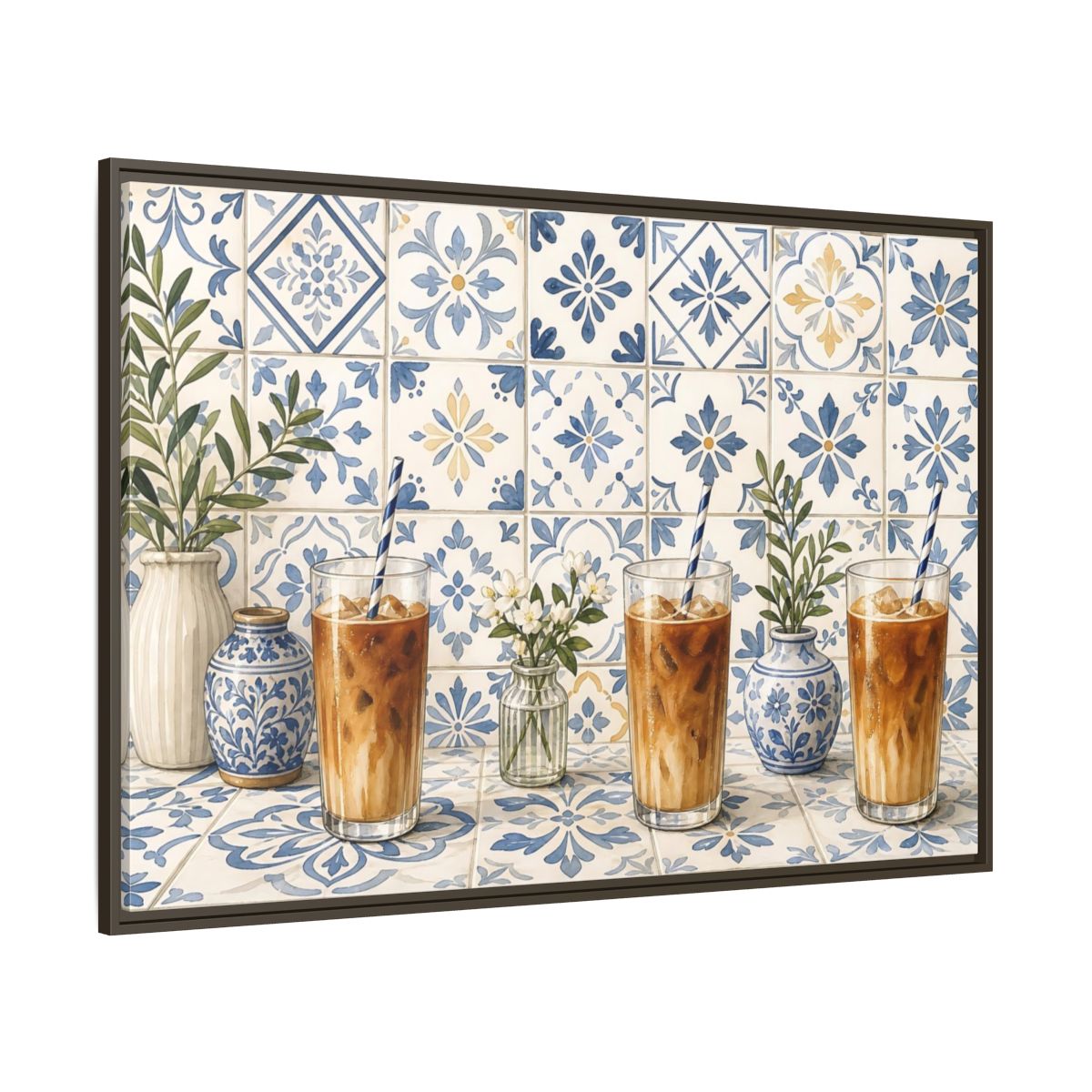 Side Mockup 8. Iced Coffee On Blue Tiles shown as framed canvas print