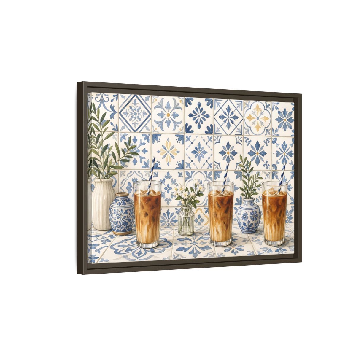 Side Mockup 2. Iced Coffee On Blue Tiles shown as framed canvas print