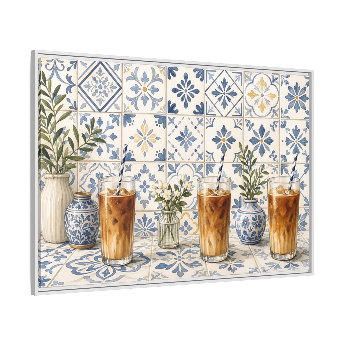 Side Mockup 7. Iced Coffee On Blue Tiles shown as framed canvas print