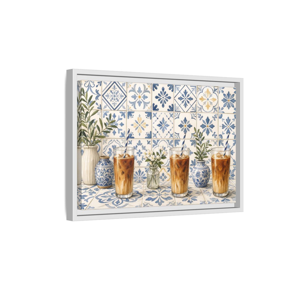 Side Mockup 4. Iced Coffee On Blue Tiles shown as framed canvas print