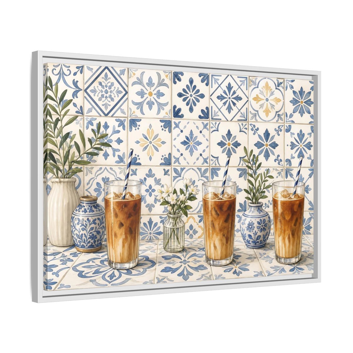 Side Mockup 10. Iced Coffee On Blue Tiles shown as framed canvas print
