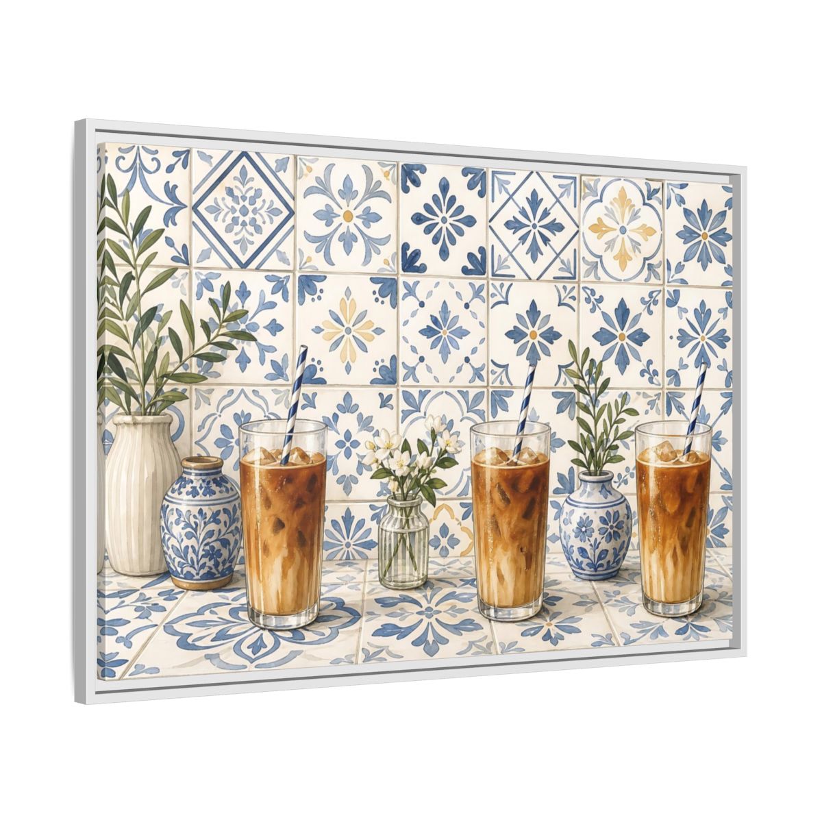Side Mockup 9. Iced Coffee On Blue Tiles shown as framed canvas print