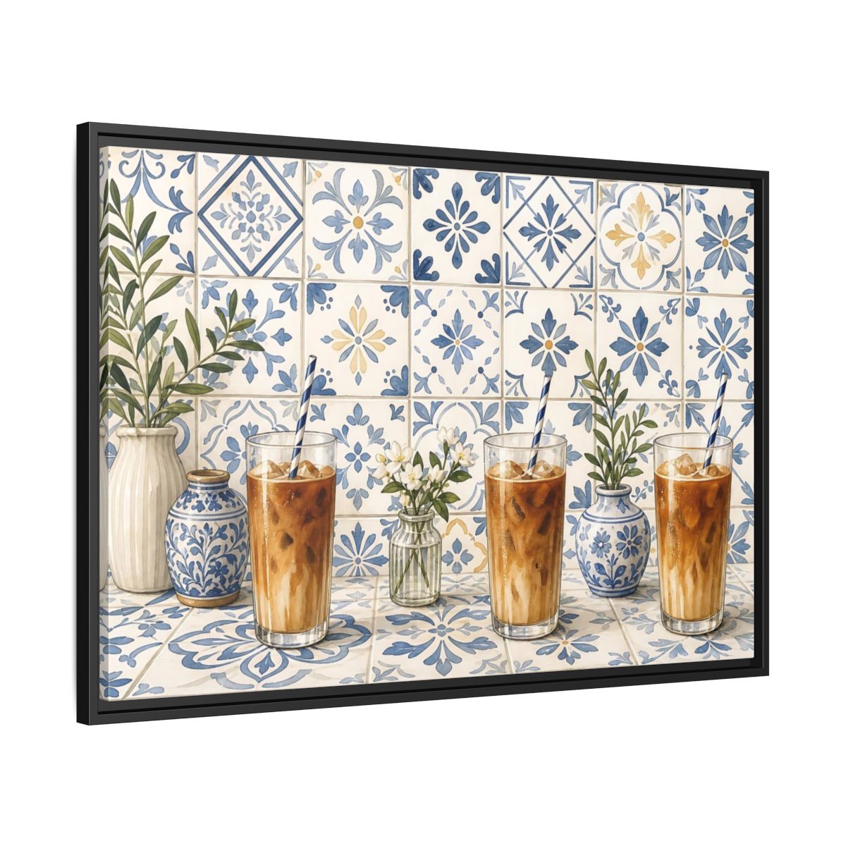 Side Mockup 13. Iced Coffee On Blue Tiles shown as framed canvas print
