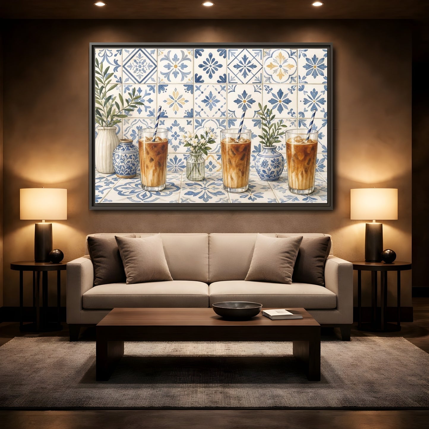 Mockup 2. Iced Coffee On Blue Tiles shown as framed canvas print