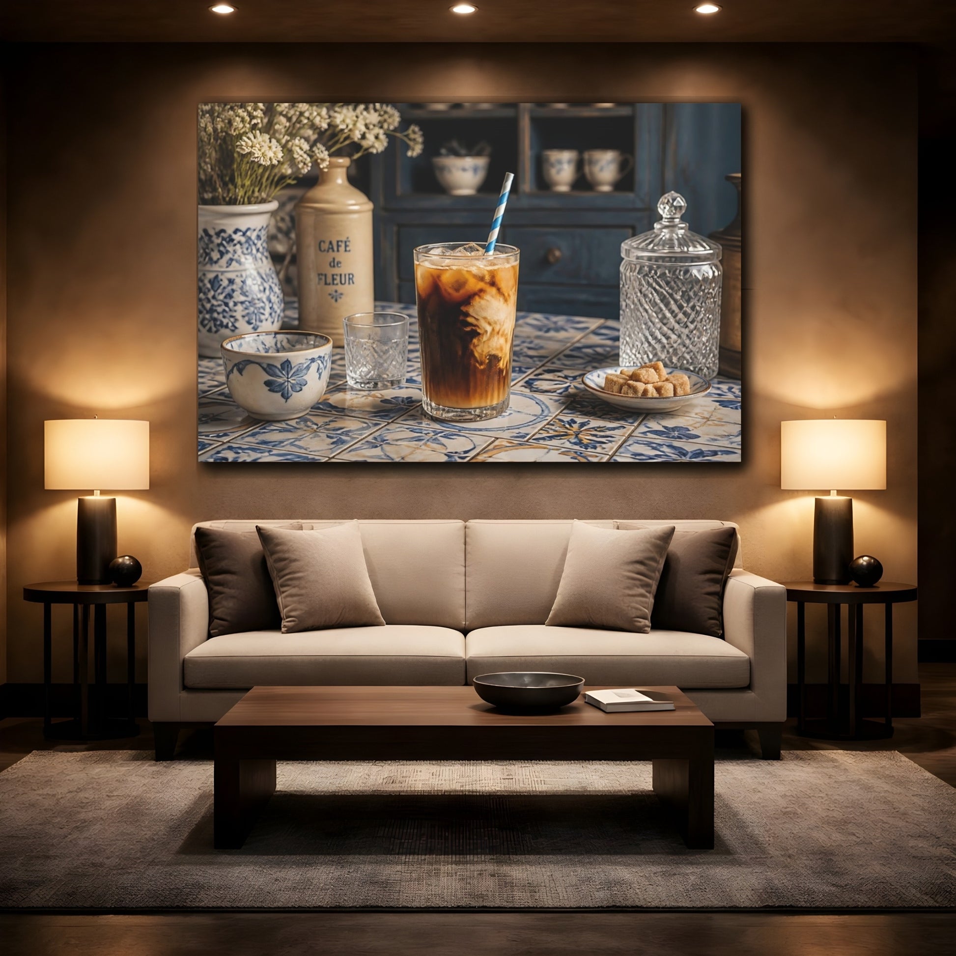 Mockup 2. Iced Coffee On Blue Tiles shown as canvas print