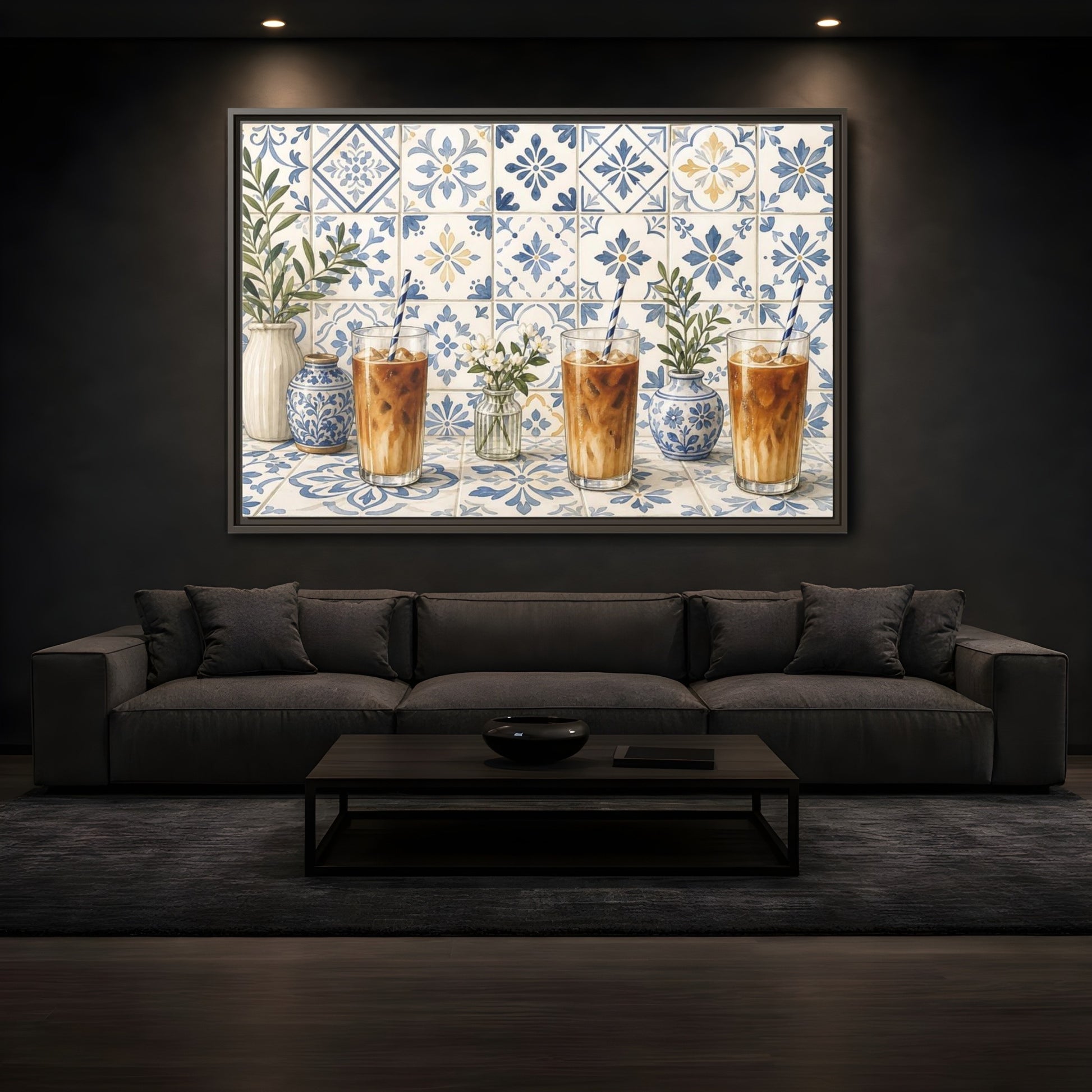 Mockup 3. Iced Coffee On Blue Tiles shown as framed canvas print