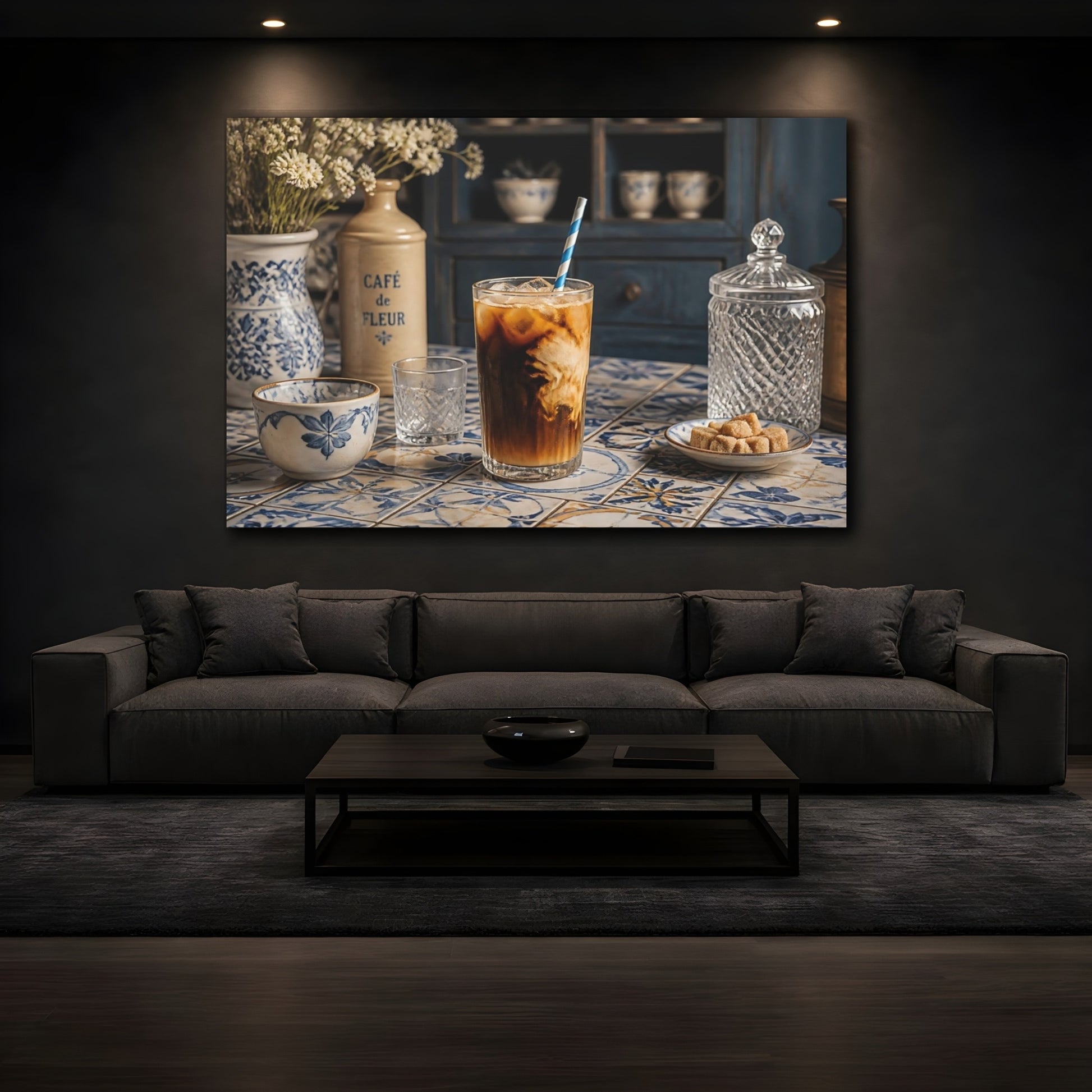 Mockup 3. Iced Coffee On Blue Tiles shown as canvas print