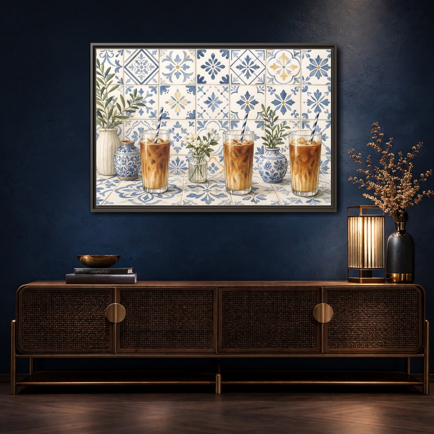 Mockup 4. Iced Coffee On Blue Tiles shown as framed canvas print