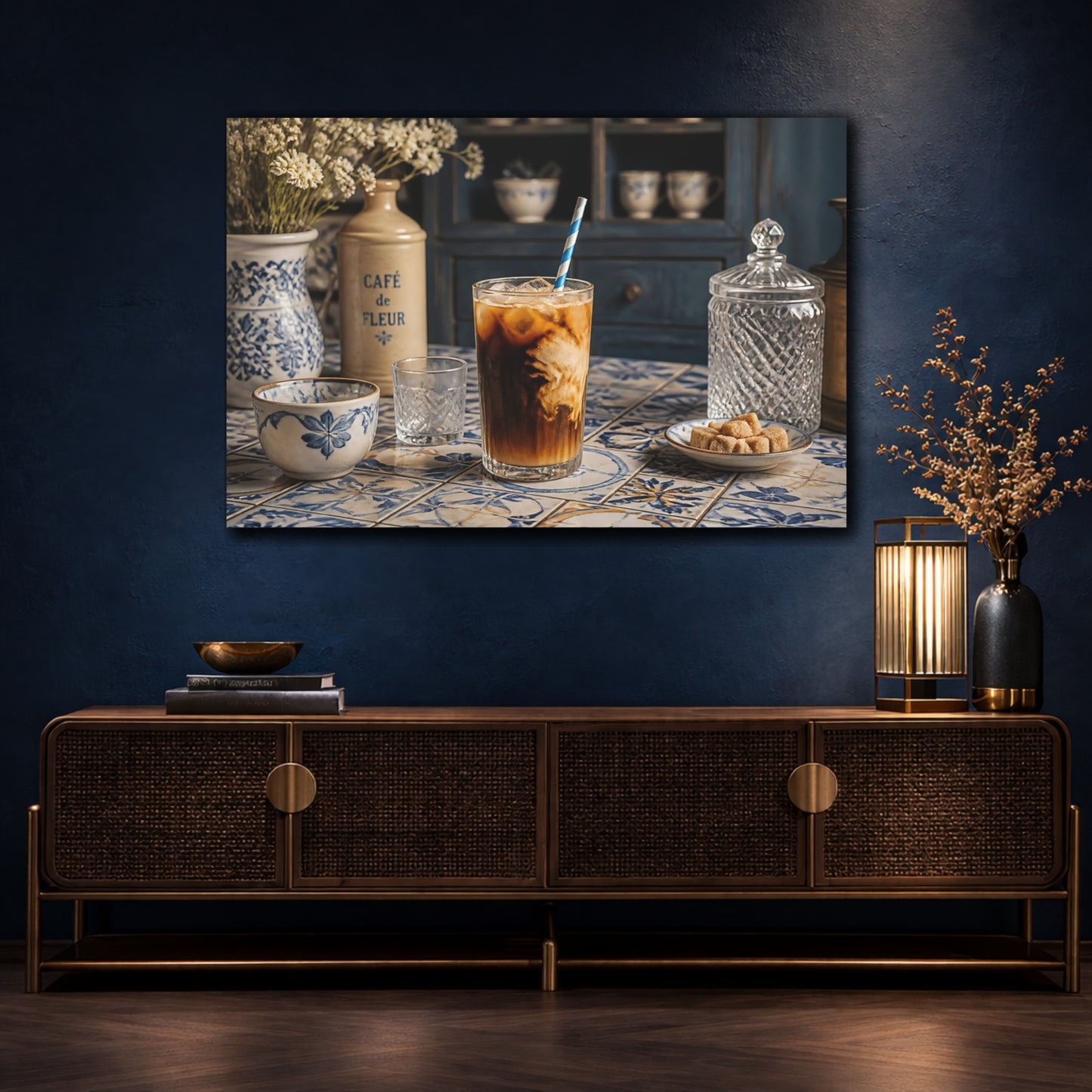 Mockup 4. Iced Coffee On Blue Tiles shown as canvas print
