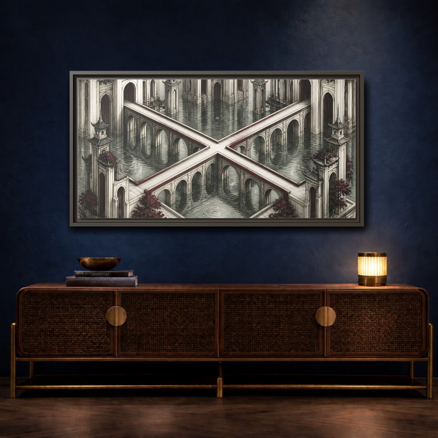 Mockup 4. Illusion Towers Bridge shown as framed canvas print