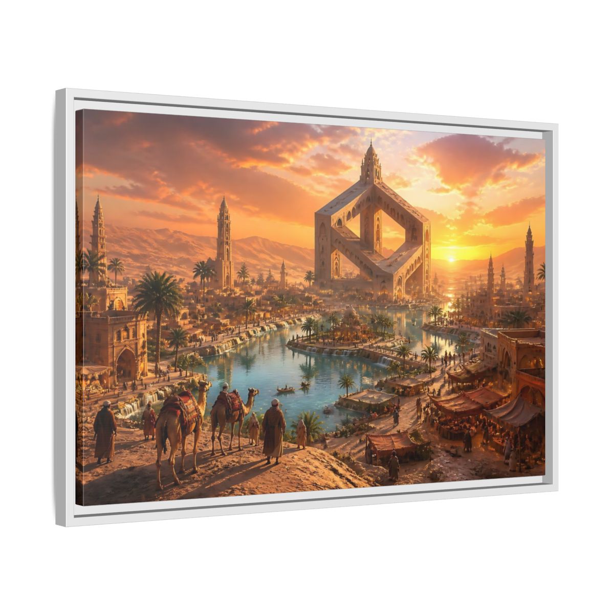 Side Mockup 10. Impossible Oasis At Sunset shown as framed canvas print