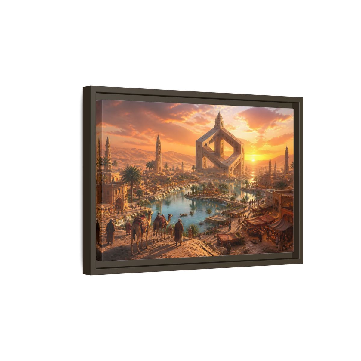 Side Mockup 5. Impossible Oasis At Sunset shown as framed canvas print