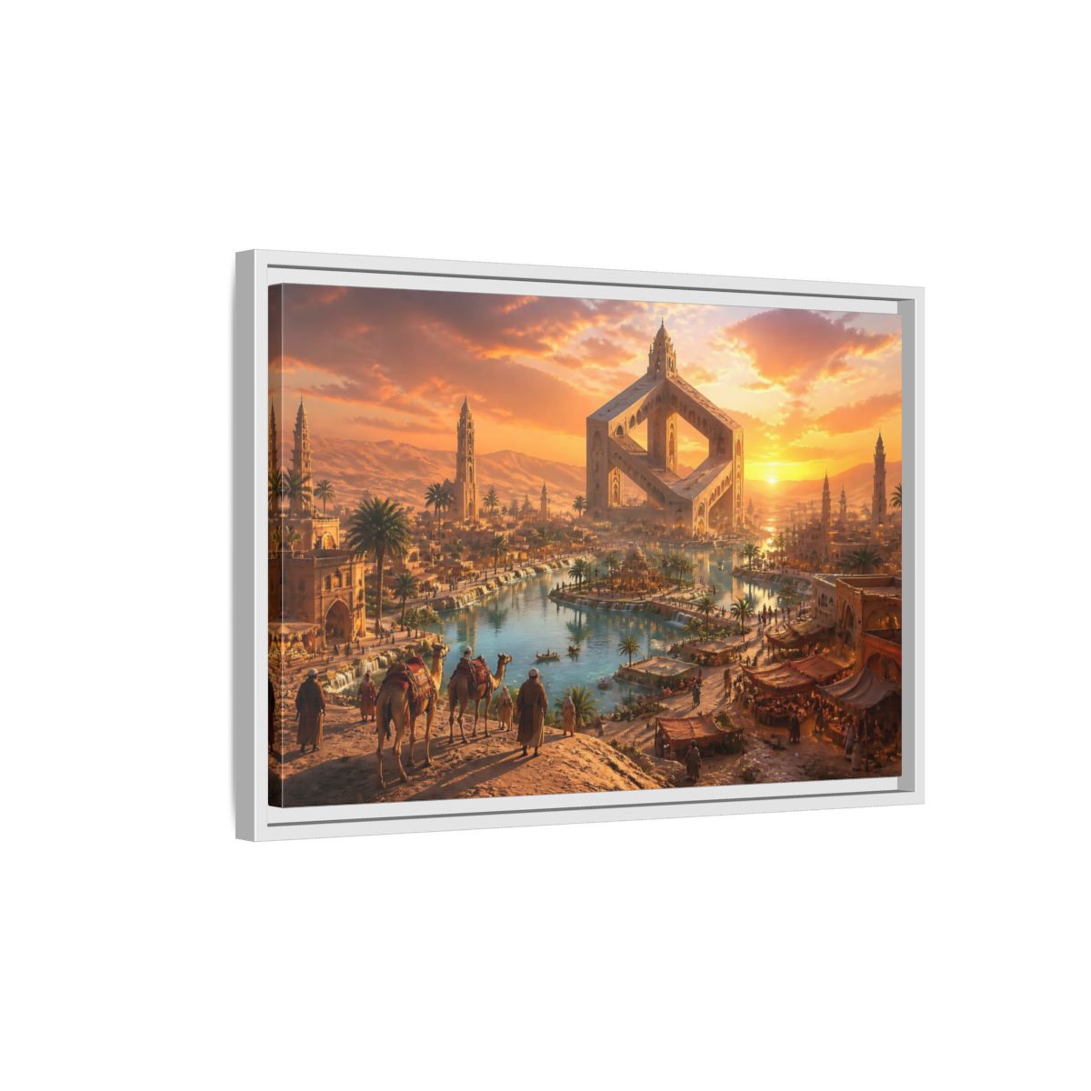 Side Mockup 1. Impossible Oasis At Sunset shown as framed canvas print