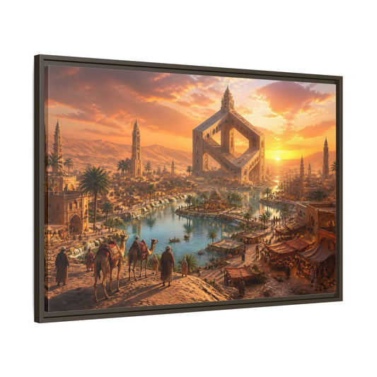 Main Mockup. Impossible Oasis At Sunset shown as framed canvas print
