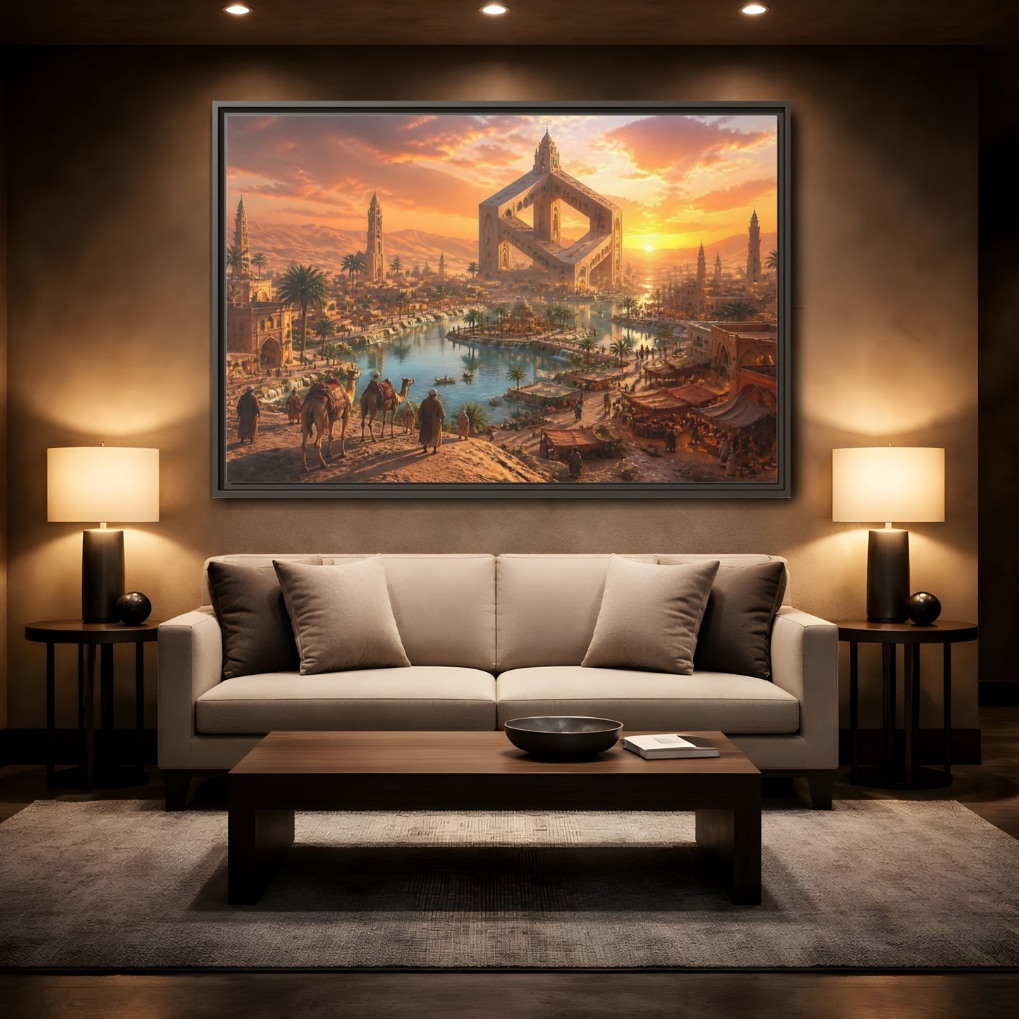 Mockup 2. Impossible Oasis At Sunset shown as framed canvas print