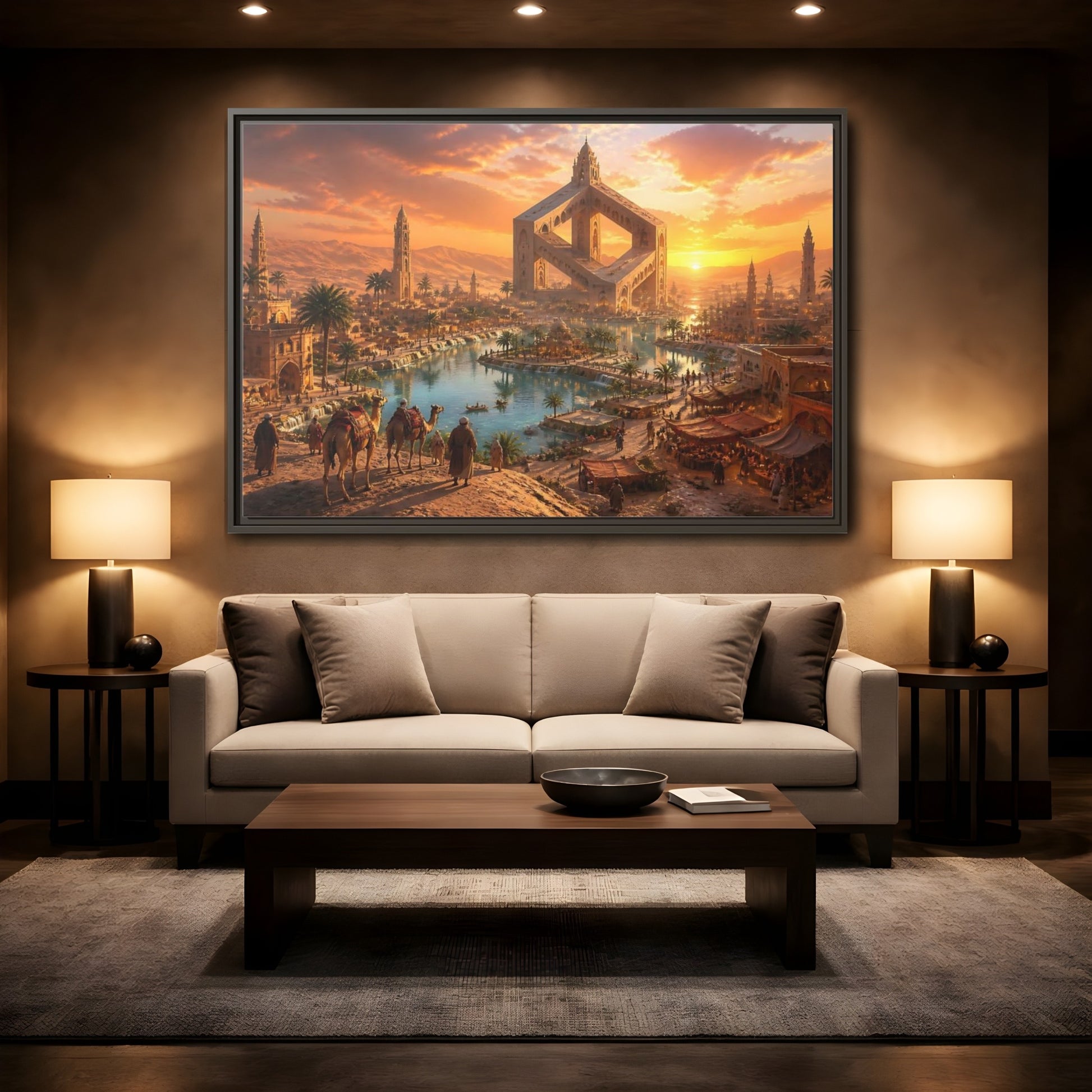 Mockup 2. Impossible Oasis At Sunset shown as framed canvas print