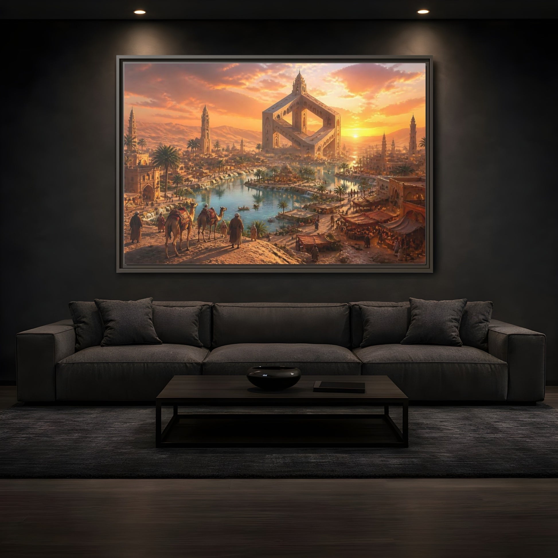 Mockup 3. Impossible Oasis At Sunset shown as framed canvas print