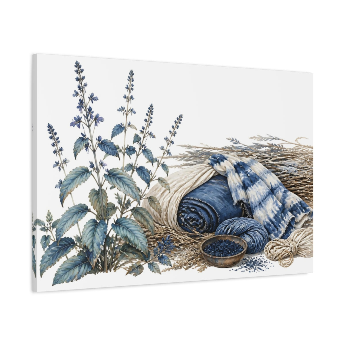 Main Mockup. Indigo Botanical Still Life shown as canvas print
