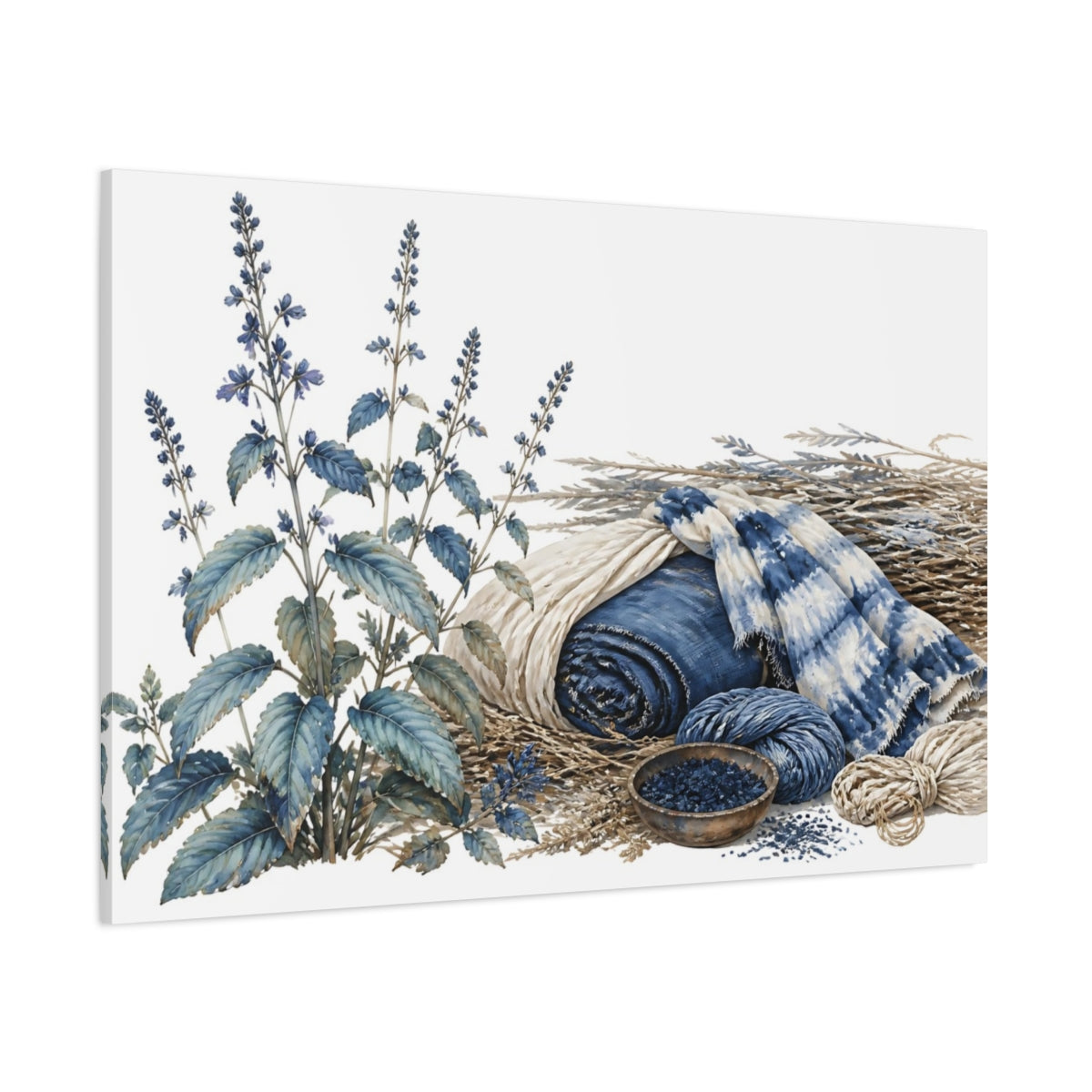 Side Mockup 1. Indigo Botanical Still Life shown as canvas print