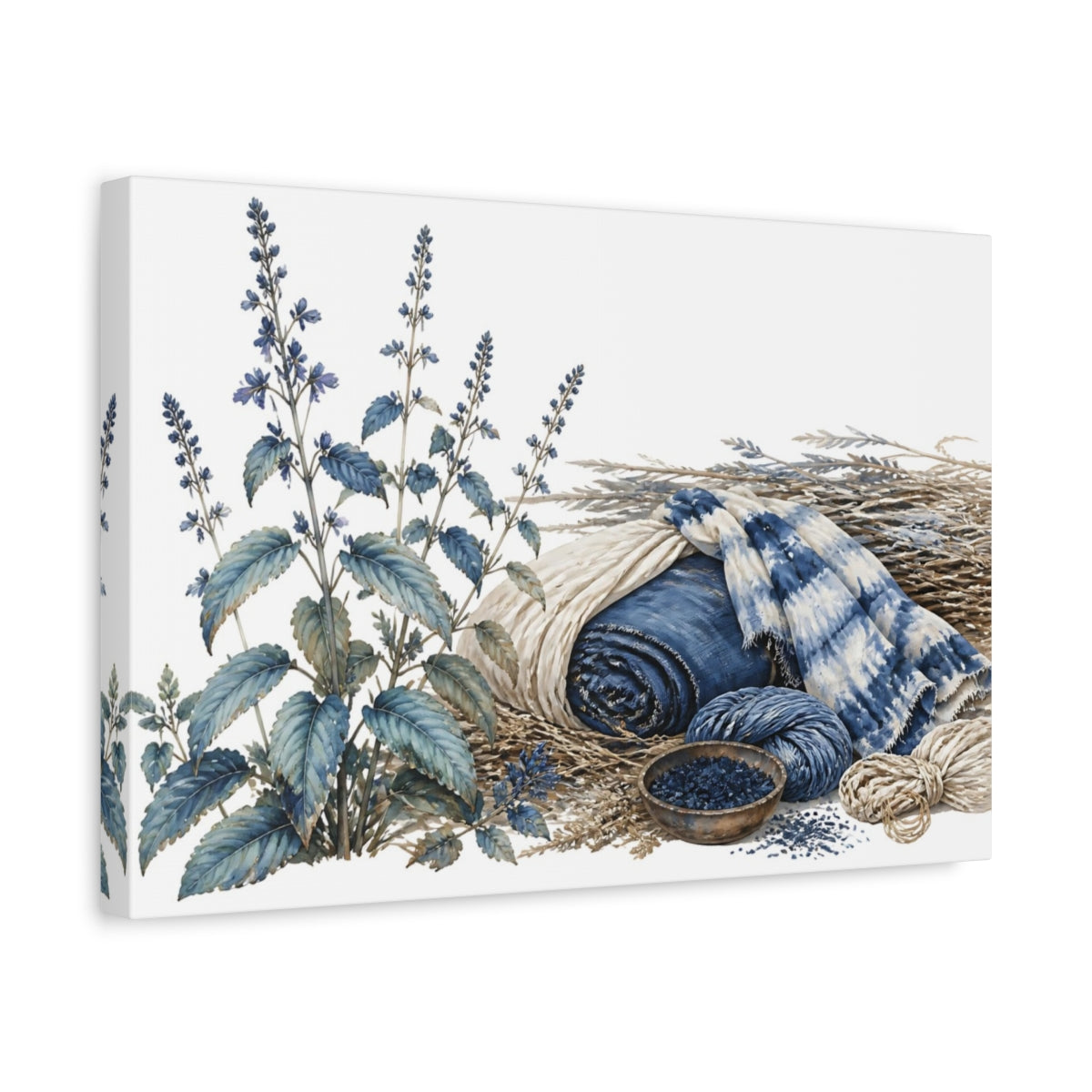 Side Mockup 4. Indigo Botanical Still Life shown as canvas print