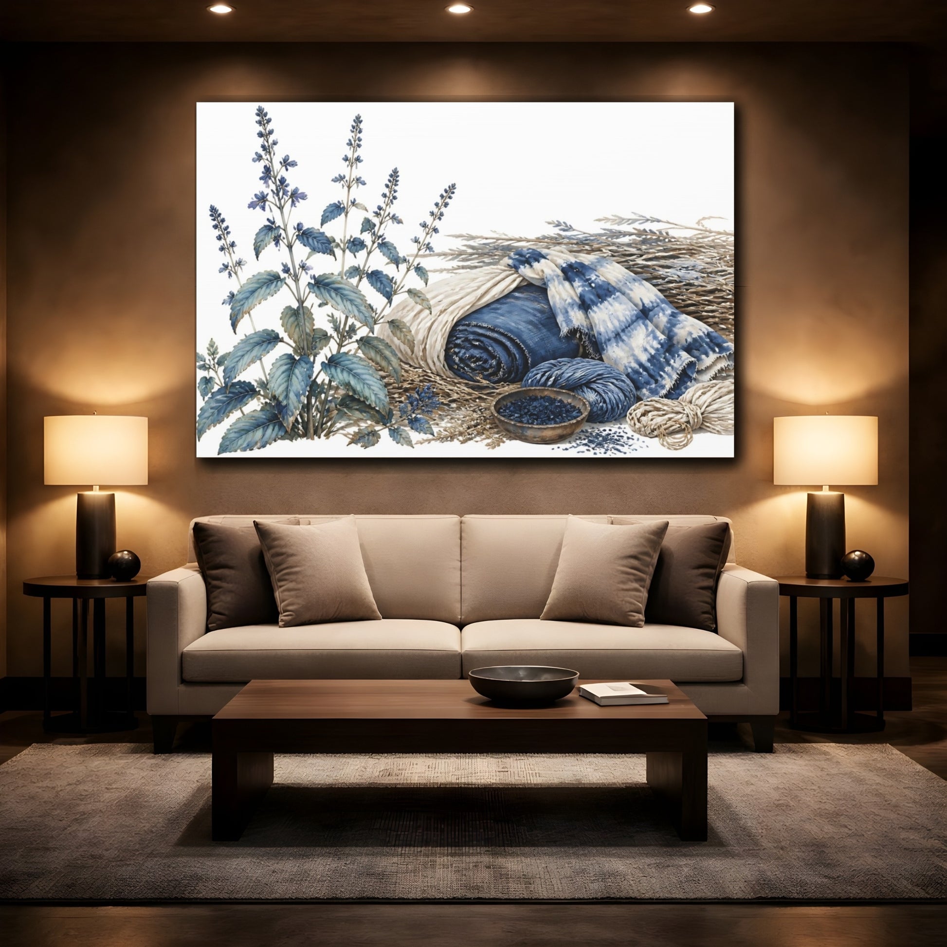 Mockup 2. Indigo Botanical Still Life shown as canvas print