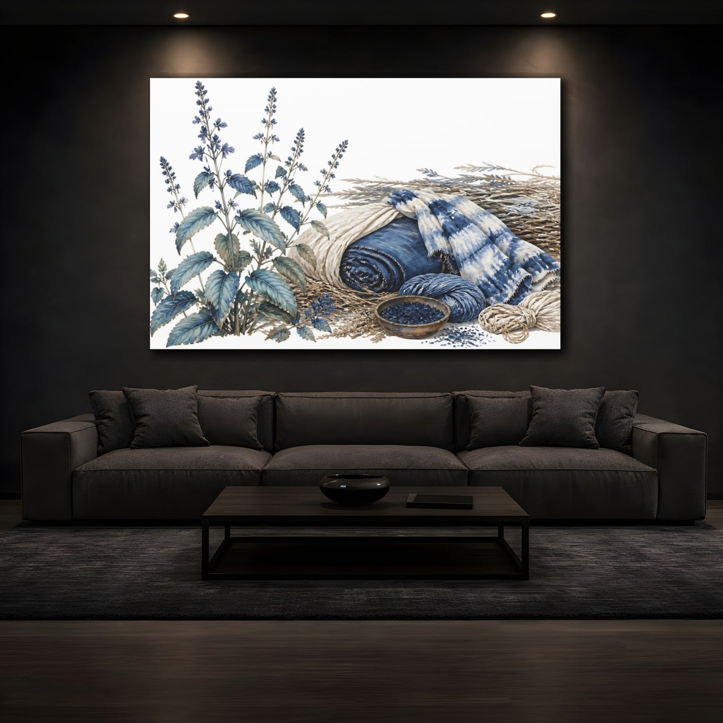 Mockup 3. Indigo Botanical Still Life shown as canvas print