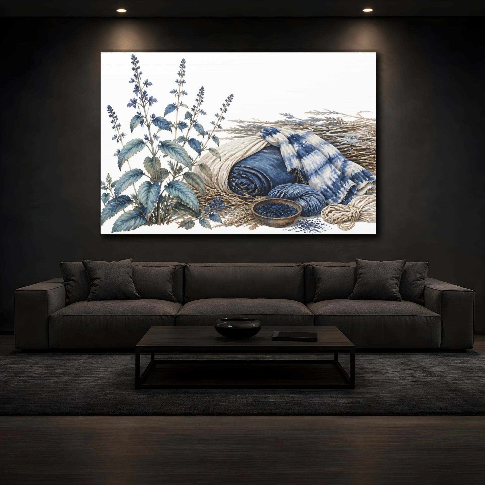 Mockup 3. Indigo Botanical Still Life shown as canvas print