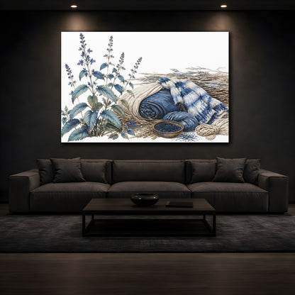 Mockup 3. Indigo Botanical Still Life shown as canvas print